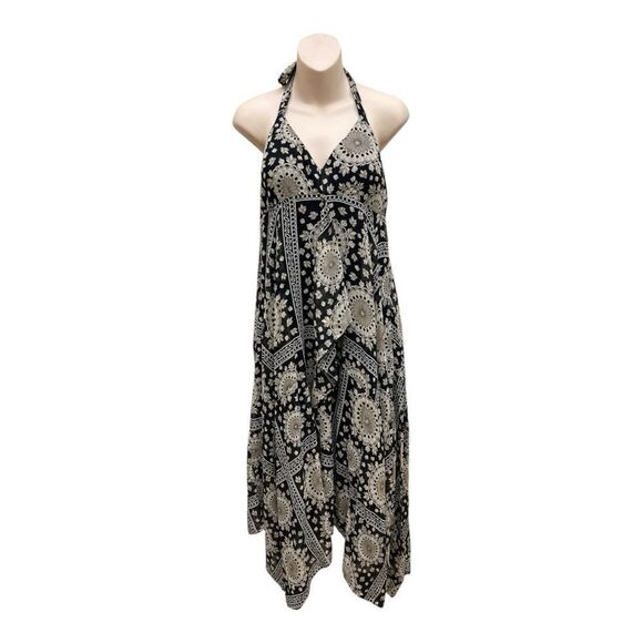 NWT INC Silk Halter Black White Cream Handkerchief Dress Size 14 Bohemian - Picture 1 of 8